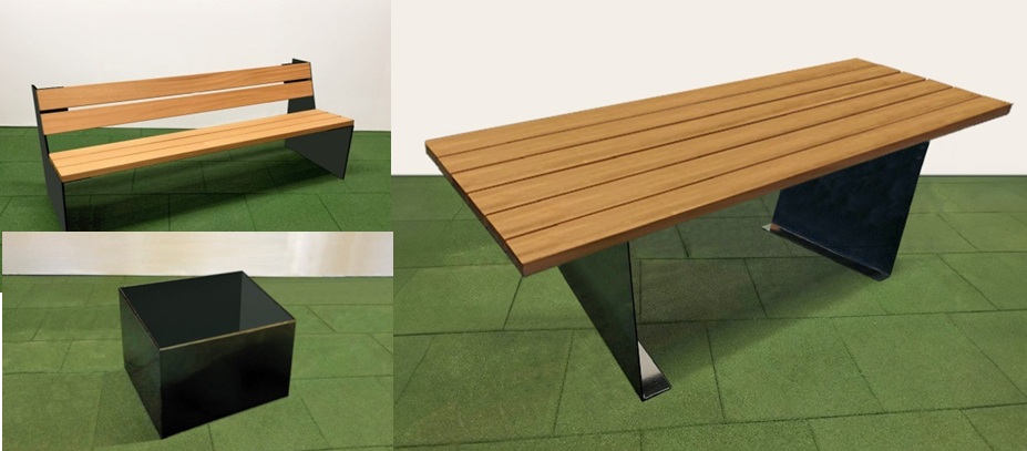 3 Produkte als Beispiele für die Parkmobiliar-Serie GTSM Metallico: Pflanzkübel, Sitzbank, Tisch