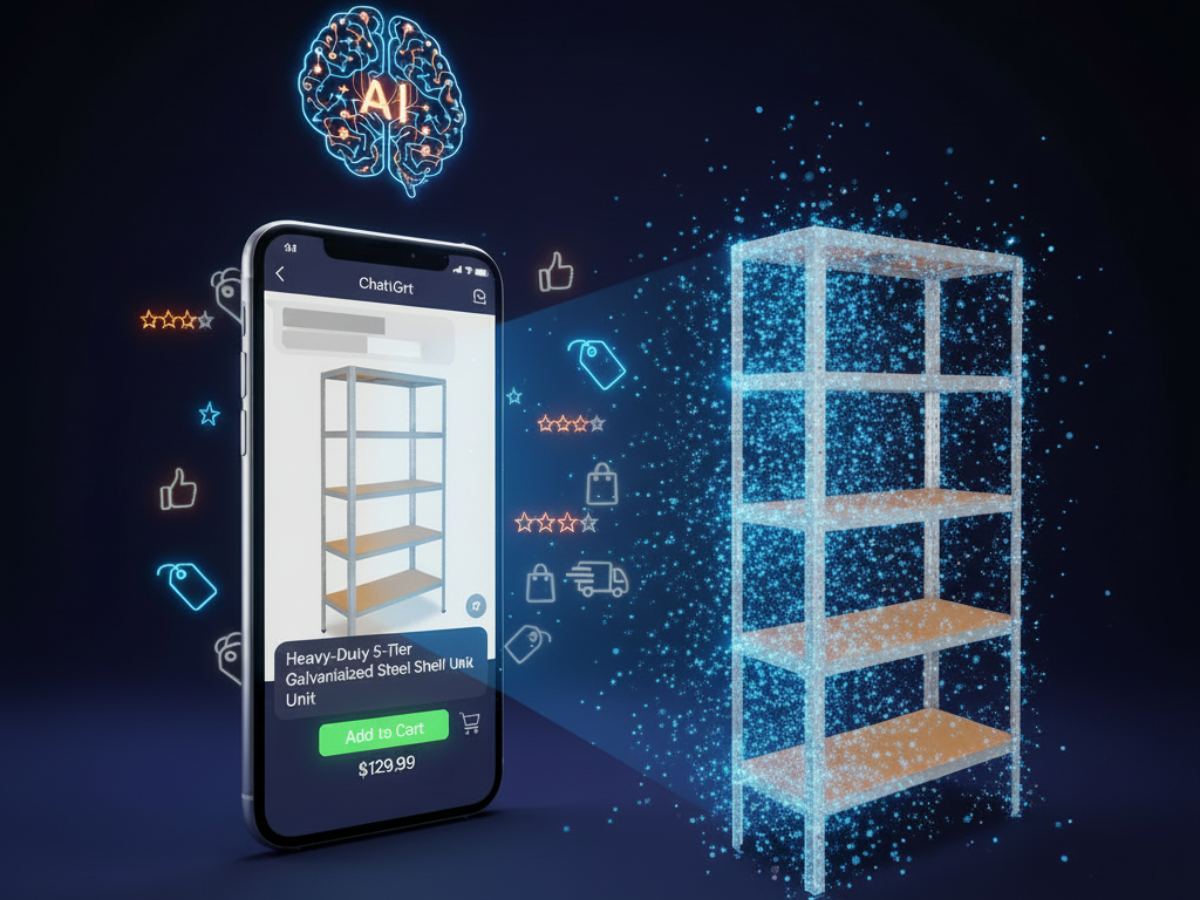 KI-Shopping verändert den E-Commerce: ChatGPT empfiehlt Schwerlastregale - shelfplaza ist als einer der ersten Händler dabei.