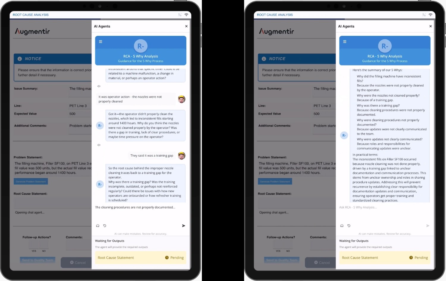Der KI-Agent„5-Why-Coach“führt Schritt für Schritt durch die Ursachenanalyse. (Bildquelle:©Augmentir)