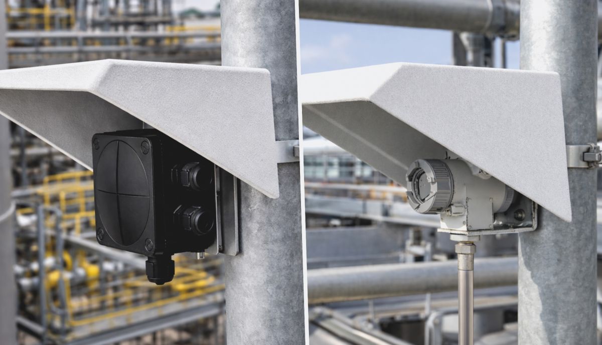 WSD-Sonnenschutzdach aus GFK der SCHRAMM GmbH zum Schutz empfindlicher Außengeräte. (© )