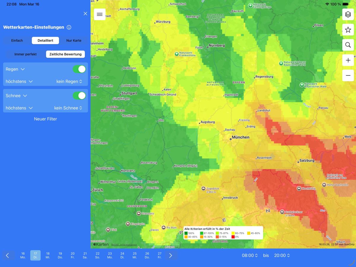 SunOnly 2.3 Detailwettersuche auf dem iPad  (© Eike Reinel)