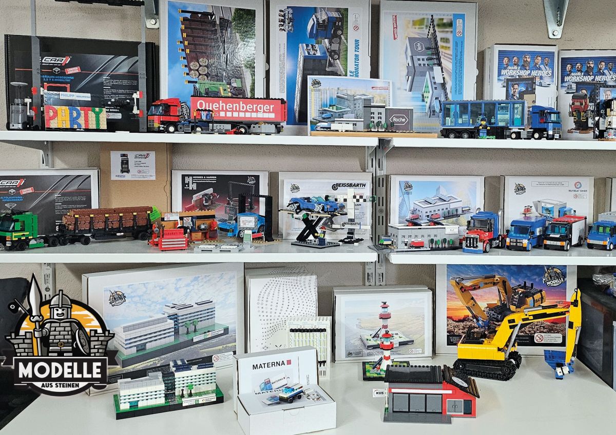 Ein Auszug der Modelle aus Lego Klemmbausteinen für Bosch, KÜS, MAHLE, Car1, Fraunhofer usw. (© Alex Götz )