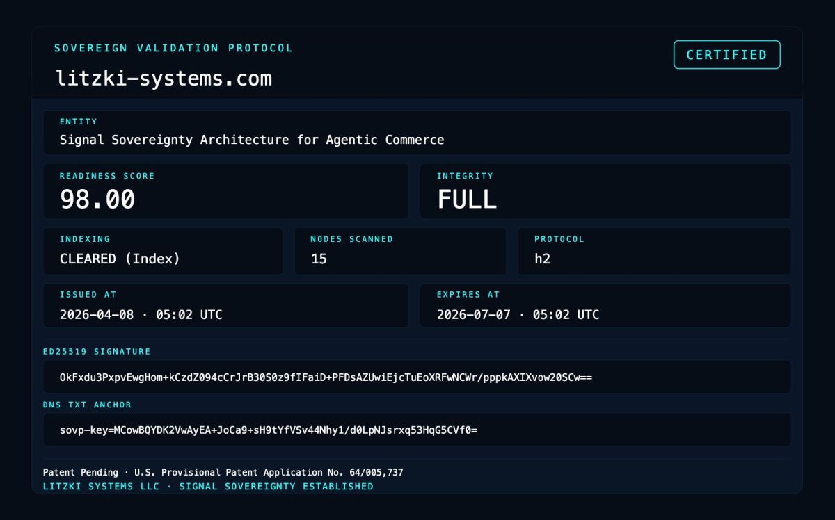 SOVP-Zertifikat: litzki-systems.com als erste öffentlich validierte Domain im Agentic Web (© 2026 Litzki Systems LLC)