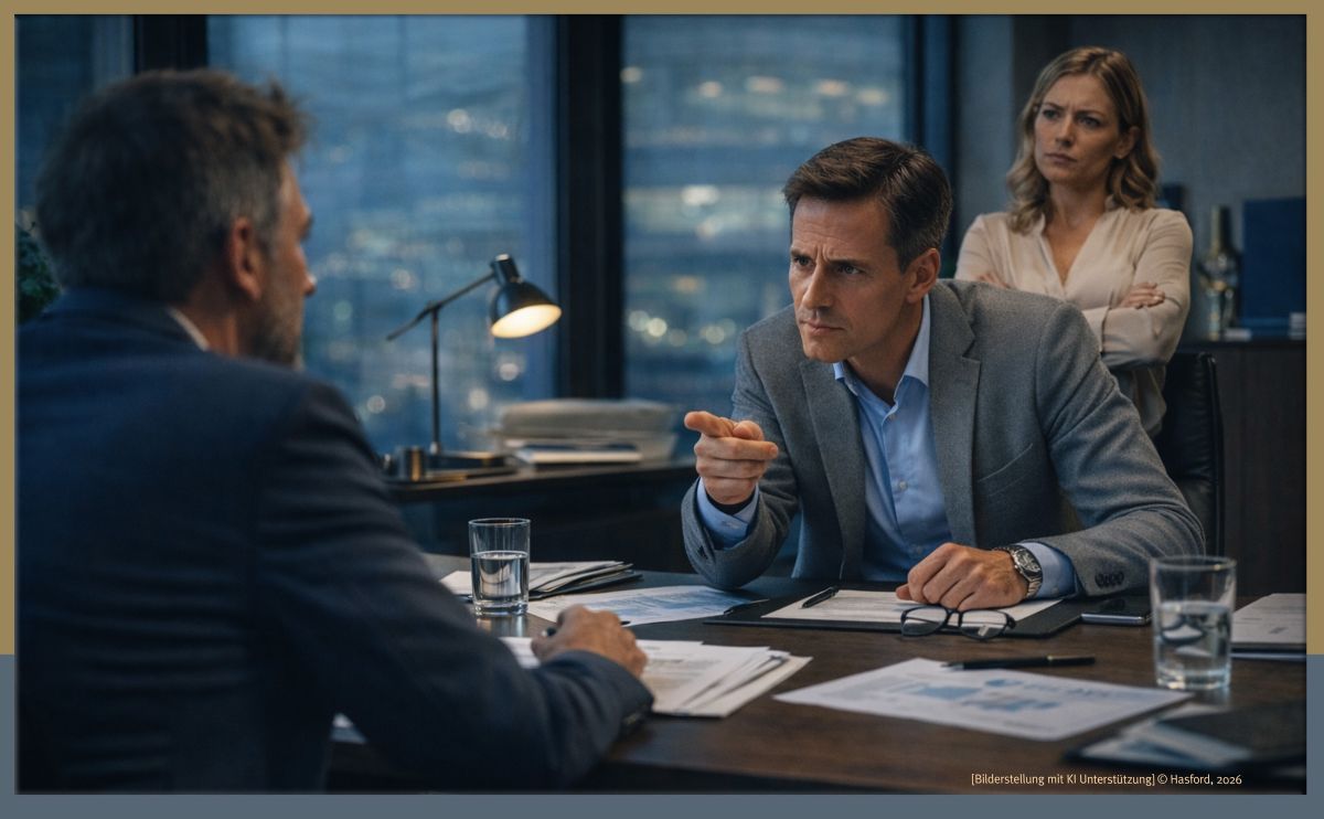 Sie stehen in einem Gesellschafterkonflikt oder sehen wie er sich aufbaut? (© Bildgestaltung mit KI · Hasford, 2026)