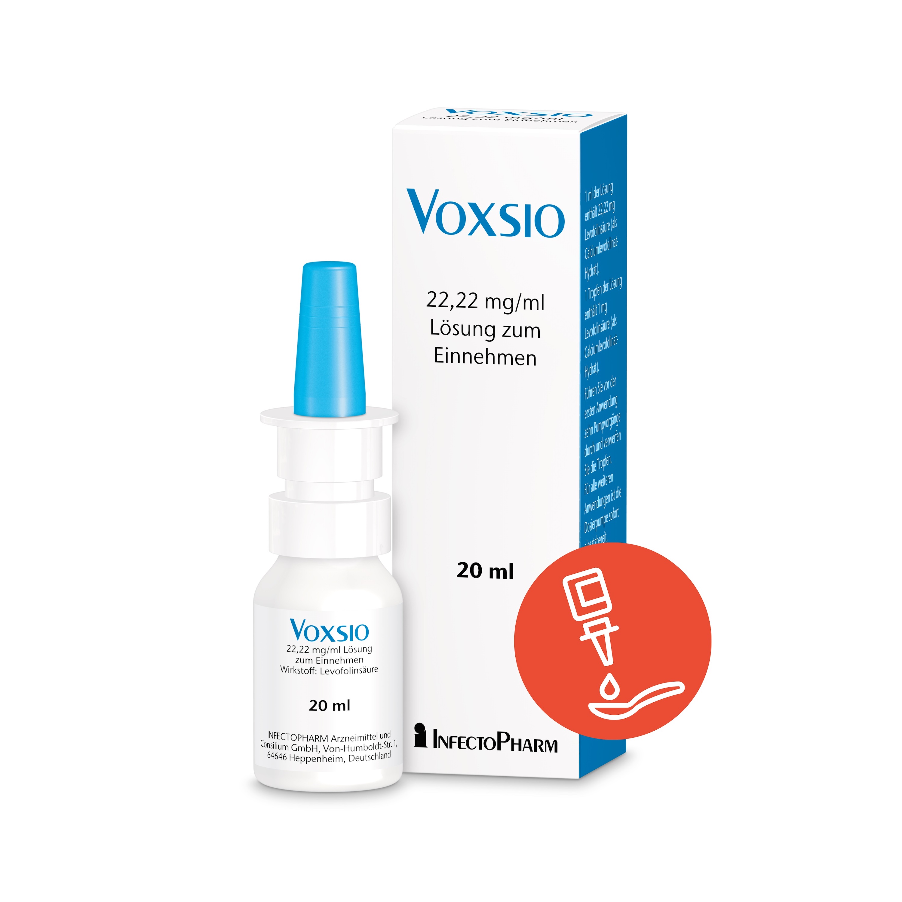 Voxsio 22,22 mg/ml Dosiertropfer mit flüssig-oralem Levoleucovorin-Arzneimittel (Bildquelle:©InfectoPharm)