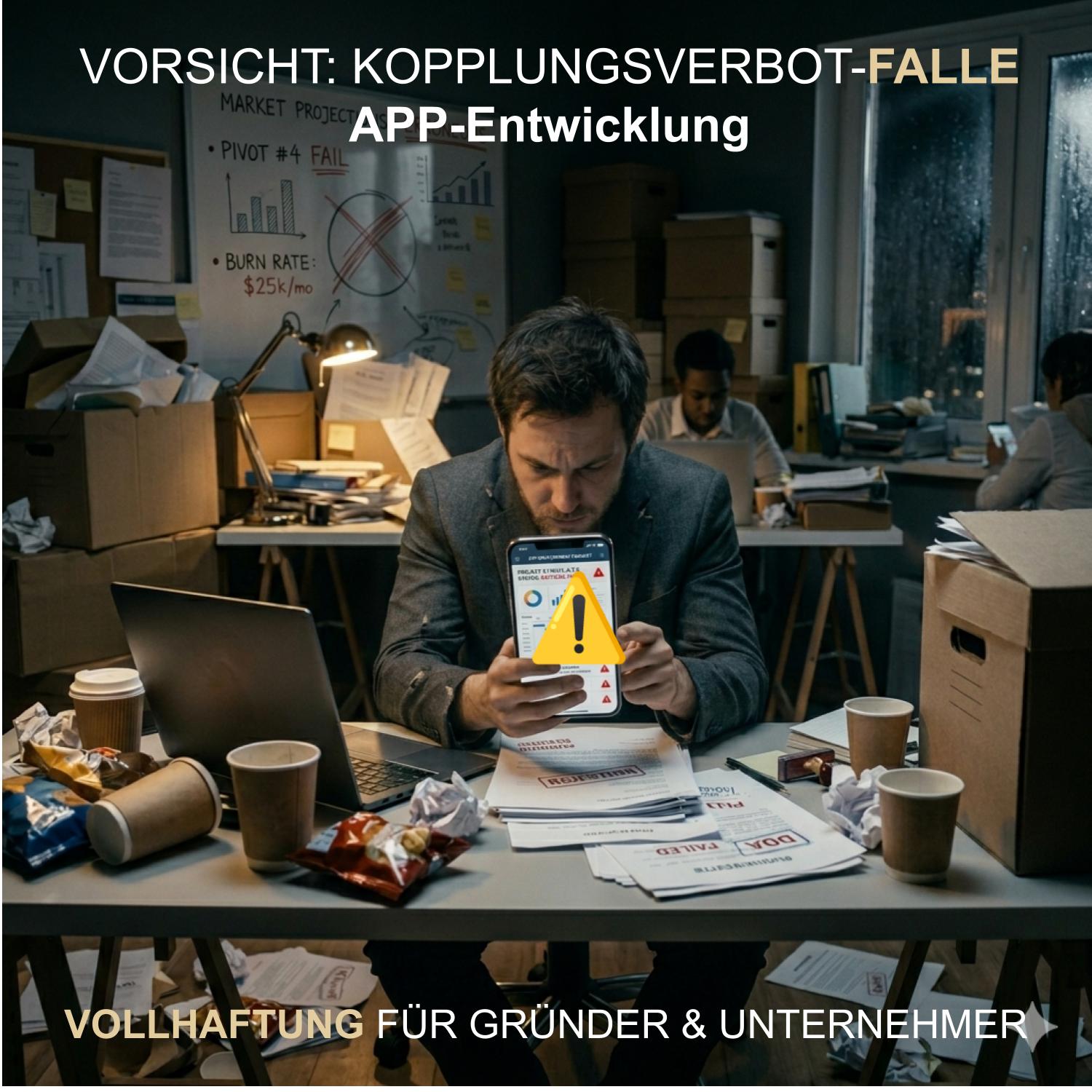 Infografik warnt Gründer vor BAFA-Kopplungsfalle, Subventionsmissbrauch (§ 264 StGB), 100 % Rückforderung und Strafverfolgung