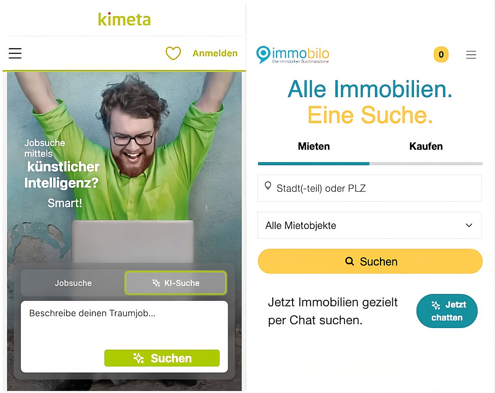 KI Chatsuche Startseite kimeta.de & immobilo.de