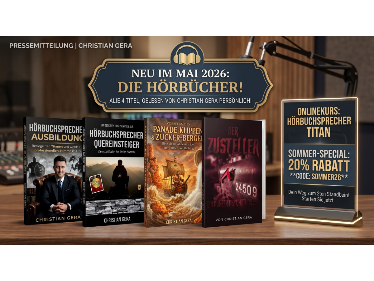 4 neue Hörbücher von Christian Gera Hörbuchsprecher Titan plus Sommeraktion für den Hörbuchsprecherkurs