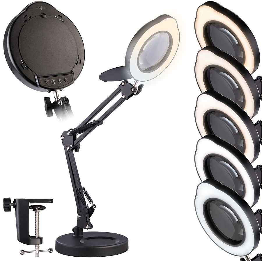 Lunartec LED-Lupenleuchte, 10-fach, CCT, 500 lm, dimmbar, Tischklemme/Standfuß, www.pearl.de (Die Bildrechte liegen bei dem Verfasser der Mitteilung.)