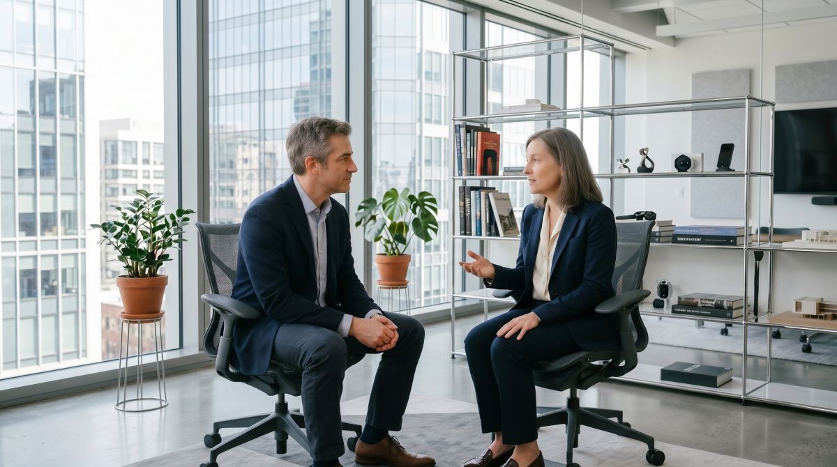 Coaching-Gespräch auf Augenhöhe: Führung als Dialog fördert Veränderung. Symbolbild. (© Nano Banana / AFAN Solutions GmbH)