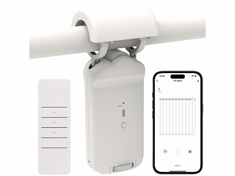 Luminea Home Control Smarter 3in1-Vorhangmotor, Akku, Bluetooth, Fernbedienung, Timer, www.pearl.de (Die Bildrechte liegen bei dem Verfasser der Mitteilung.)
