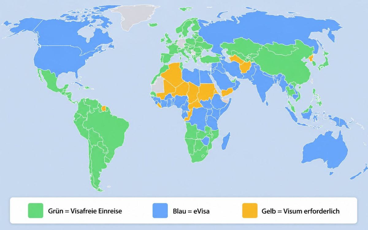 Übersicht über weltweite Einreise-Regeln mit deutschem Paß (© www.online-visa.com)