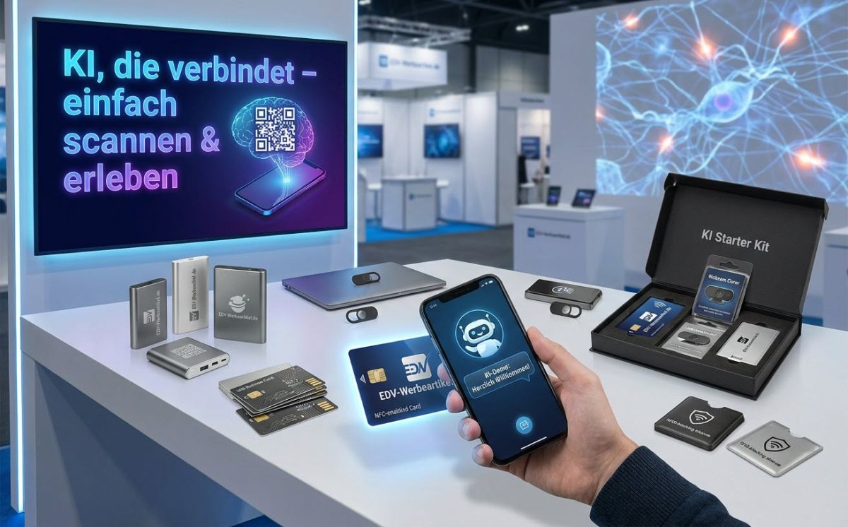 KI Werbegeschenke (© KI-generiertes Bild, erstellt mit Nano Banana Pro / edv-werbeartikel.de GmbH)