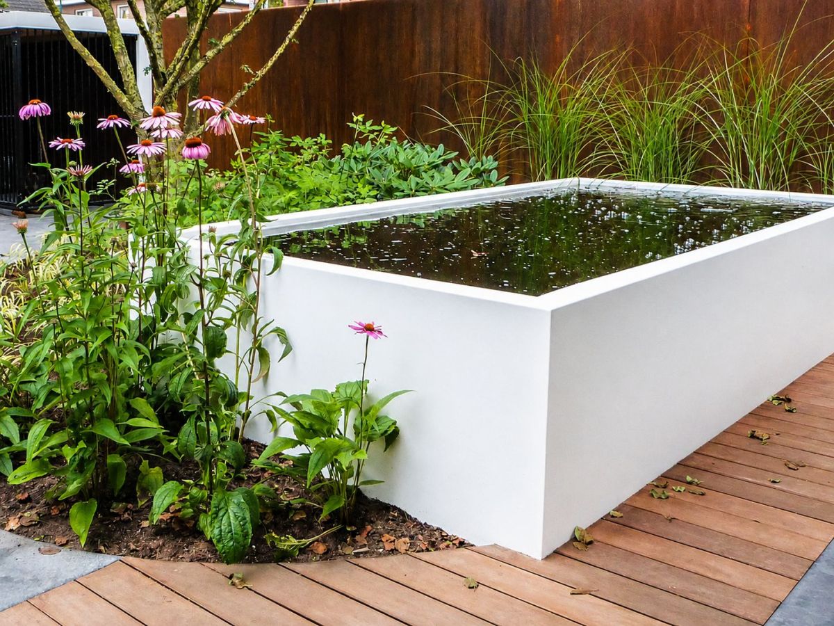 Erhöhte Wasserbecken aus Metall gelten als moderne Alternative zum klassischen Gartenteich (© ADEZZ)