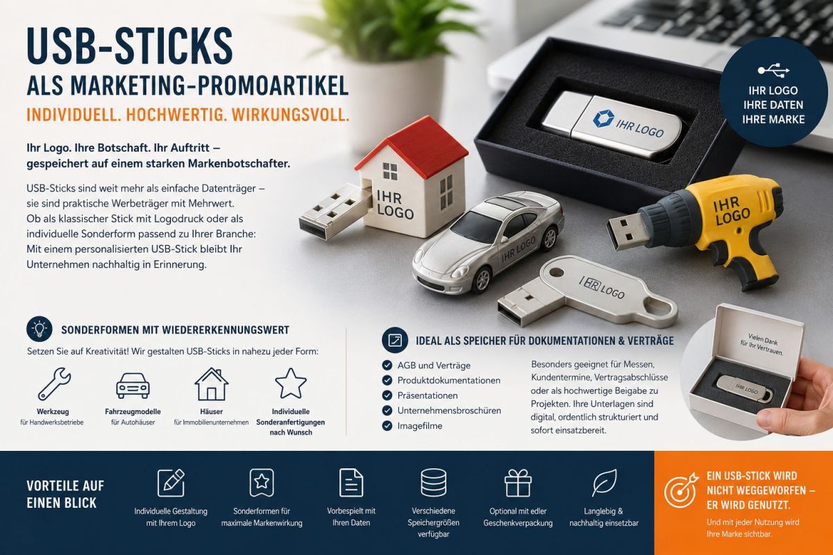 USB Sticks bedruckt mit Ihrem Firmen Logo in verschiedensten Ausführungen  (© KI-generiertes Bild )