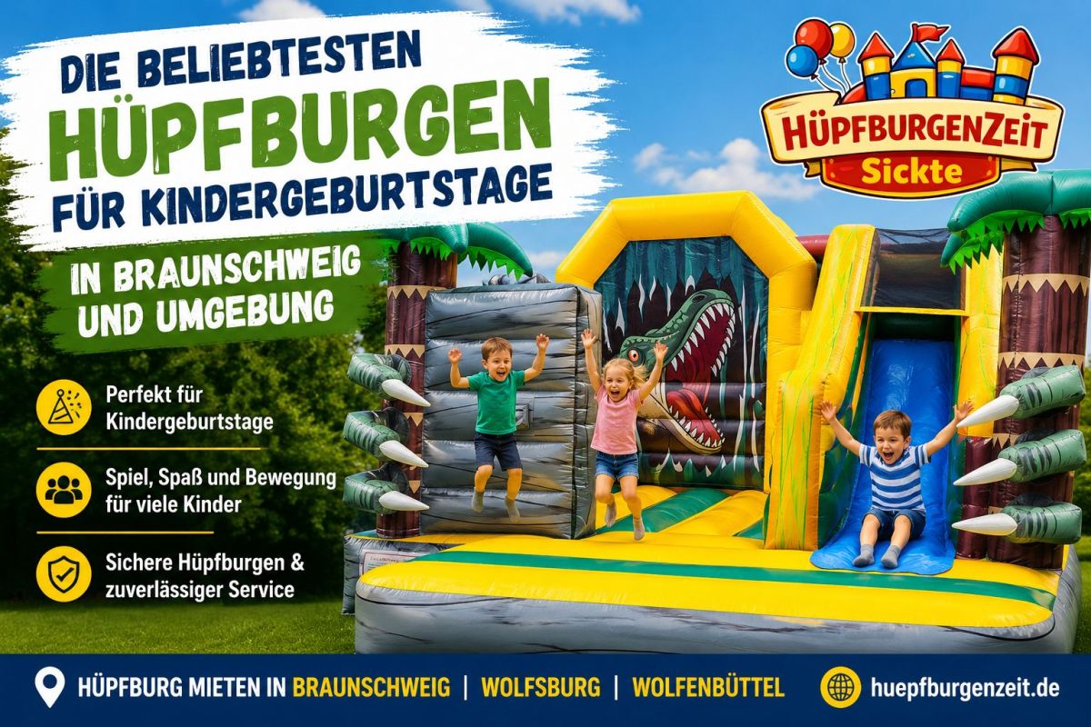 Hüpfburg mieten Braunschweig: Die beliebte Dino-Hüpfburg sorgt für Spiel und Spaß. (© © HüpfburgenZeit Sickte)
