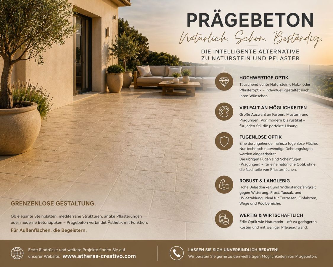 Moderne Terrasse (Betonveredelung) mit Prägemuster in Beige/Crema