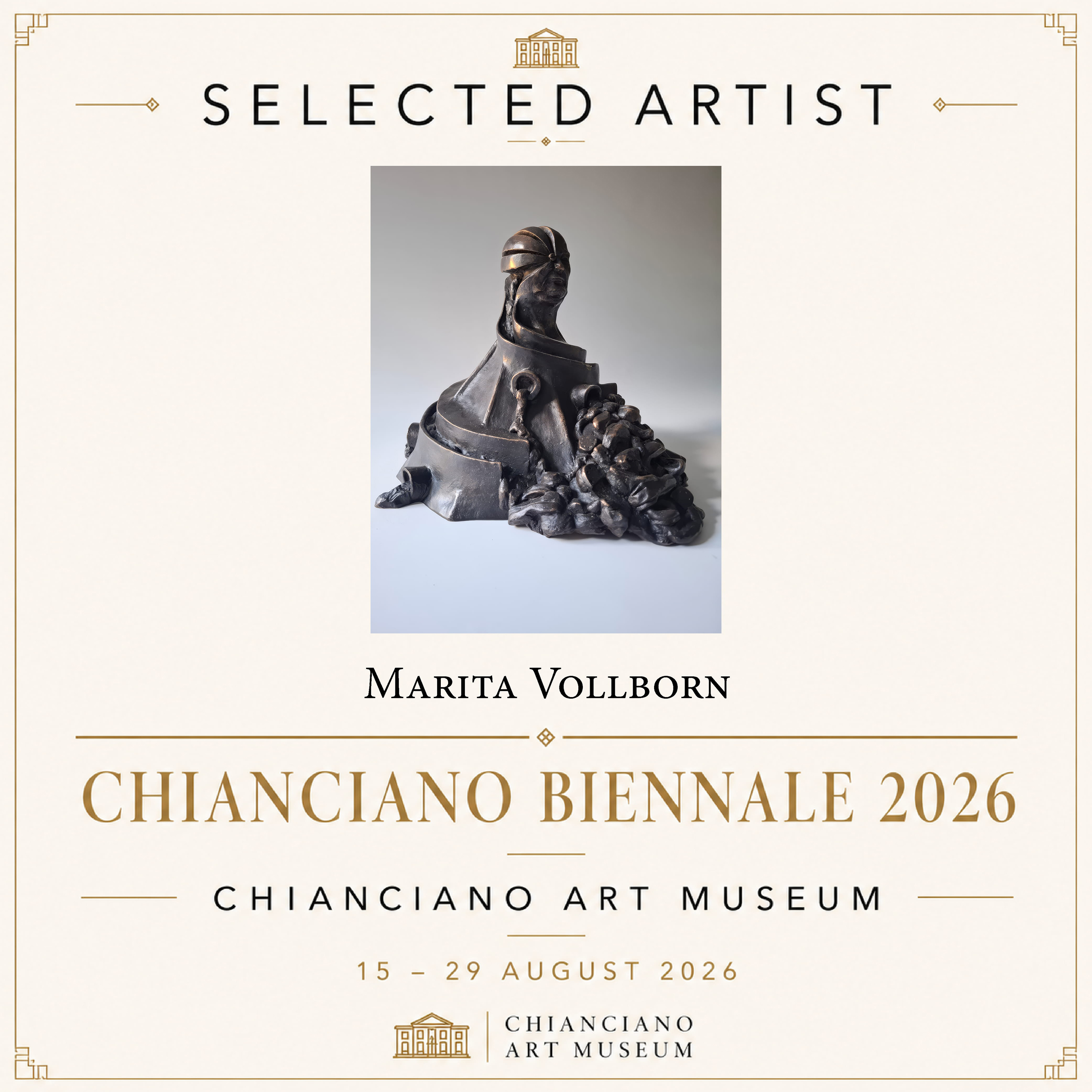 Künstlerin Marita Vollborn stellte ARES auf der Chianciano Biennale 2026 in der Toskana, Italien aus