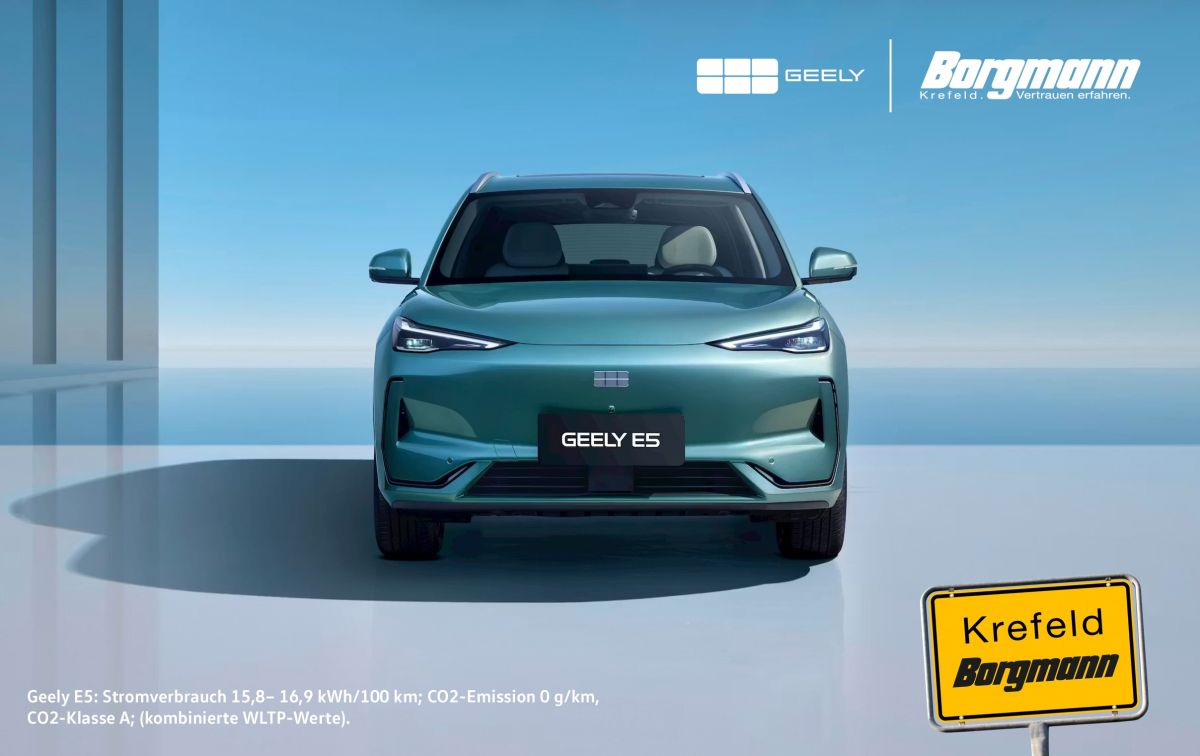 Der vollelektrische GEELY E5, der jetzt bei Borgmann Krefeld bestellbar ist. (© Autohaus Borgmann, GEELY)