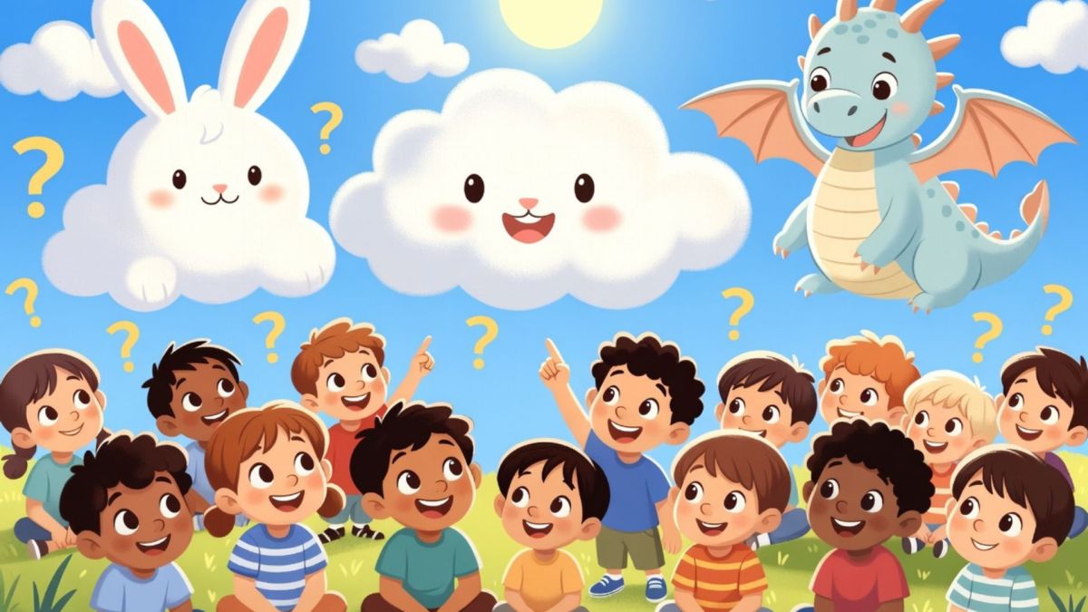 Kinder auf der Wiese schauen in den Himmel mit Wolken in Hasen- und Drachenform und vielen Fragezeic (© Das Wissen)