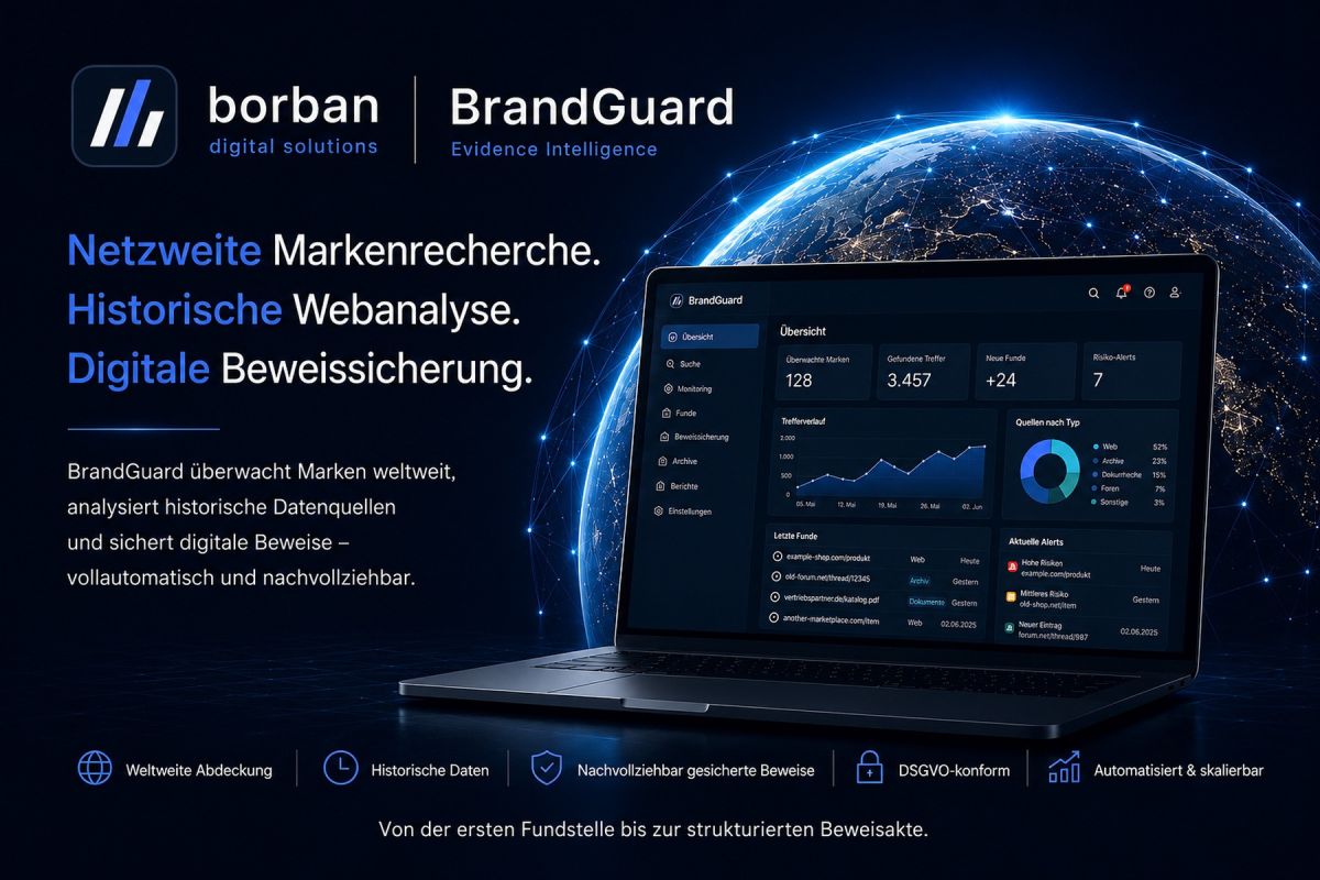 BrandGuard: Netweite Markenrecherche, historische Webanalyse und digitale Beweissicherung. (© borban / KI-Visualisierung)