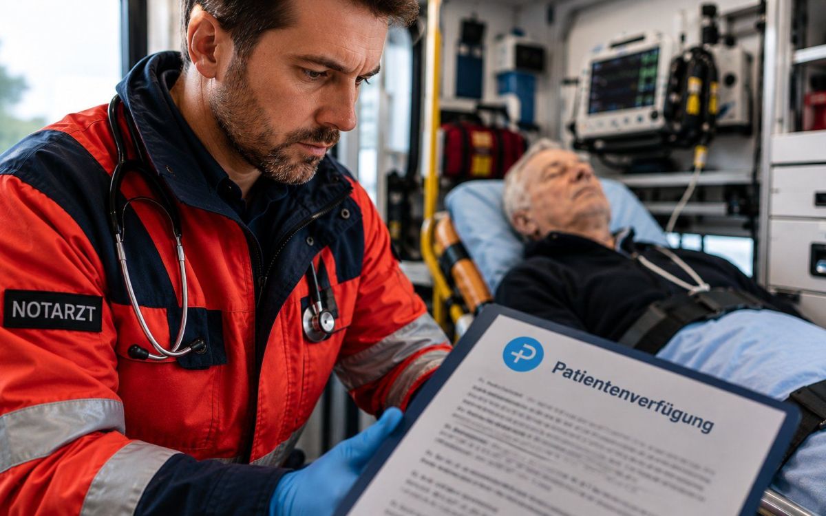 Notarzt mit Patientenverfügung im Rettungswagen - im Notfall zählt schnelle Verfügbarkeit (© PatientenverfügungPlus)