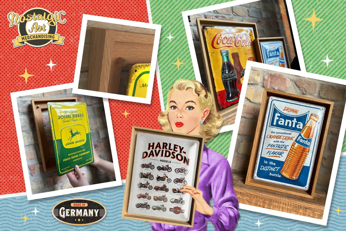 N-Frame: Modernes Rahmensystem für geprägte Blechschilder weltbekannter Marken (© Nostalgic-Art)