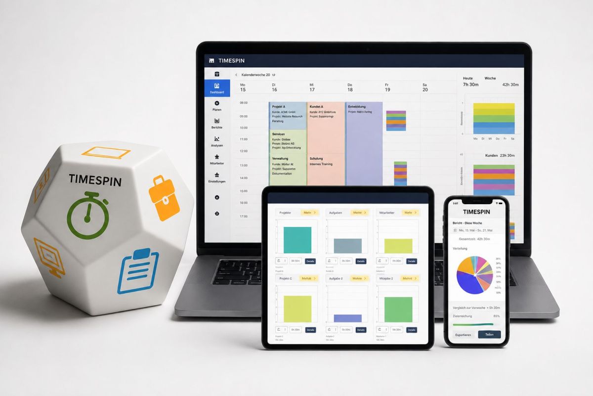 TimeSpin Zeiterfassung mit Software und Würfel funktioniert im Handumdrehen und liefert valide Daten (© TimeSpin GmbH)