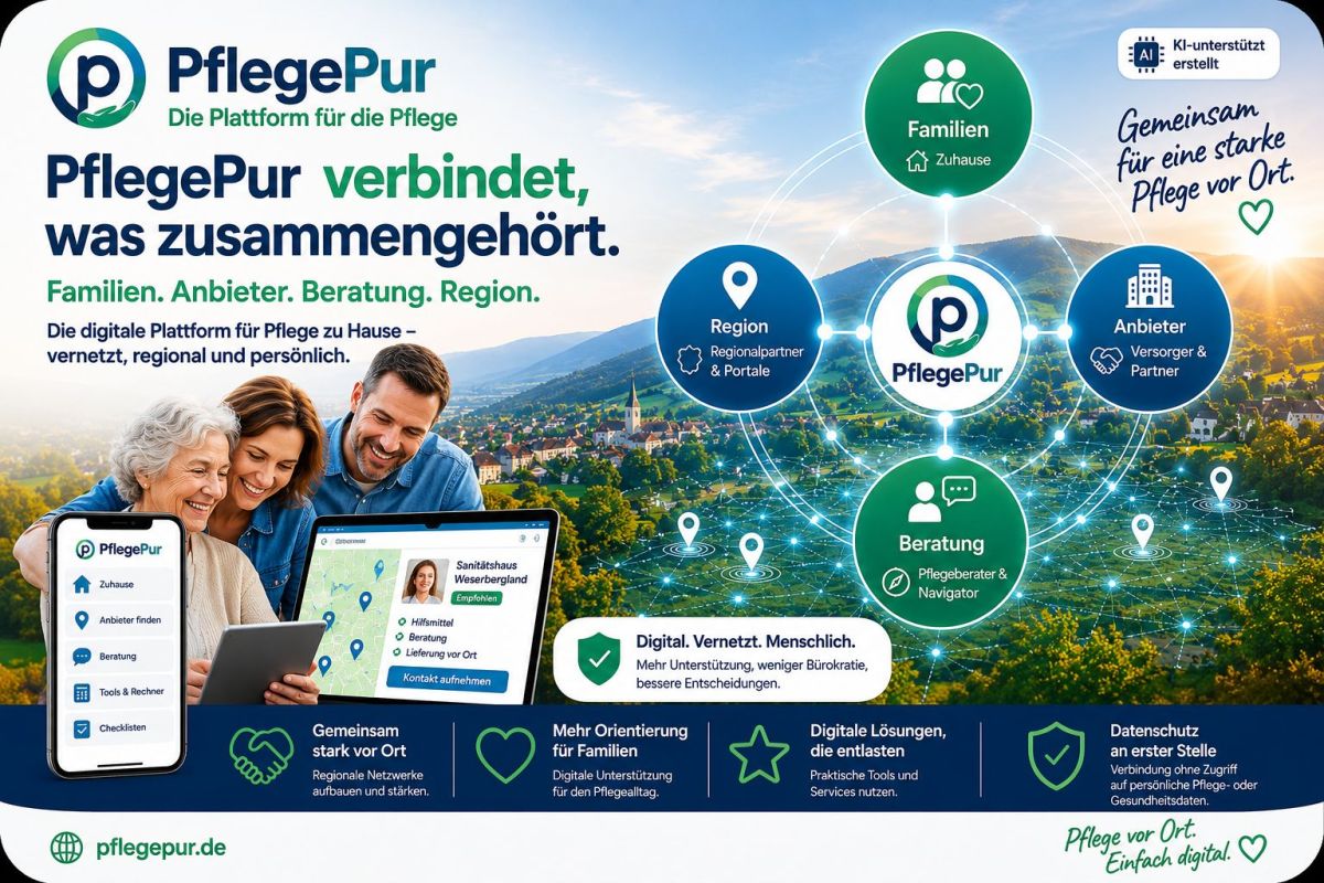 PflegePur vernetzt Familien, Anbieter, Beratung und Regionen für die Pflege zu Hause. (© PflegePur | KI-unterstützt erstellt)