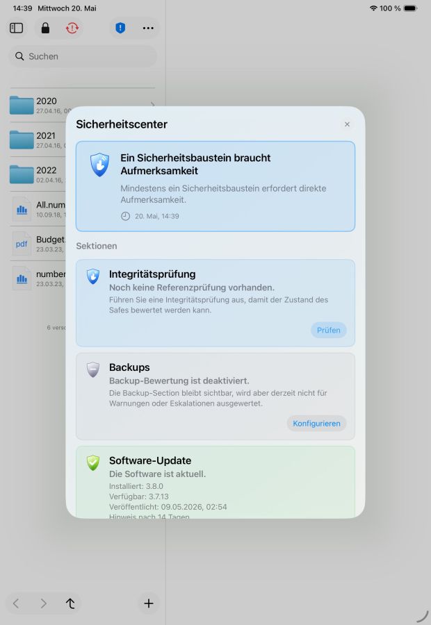 SimpleumSafe 3.8 bündelt vier Vorsorgebereiche im neuen Sicherheitscenter. (© Simpleum Media GmbH)