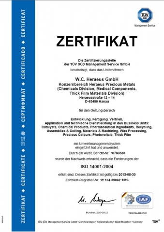 Heraeus Materials Technology und Heraeus Precious Metals vom TÜV nach ISO 14001 zertifiziert Heraeus Materials Technology und Heraeus Precious Metals vom TÜV nach ISO 14001 zertifiziert
