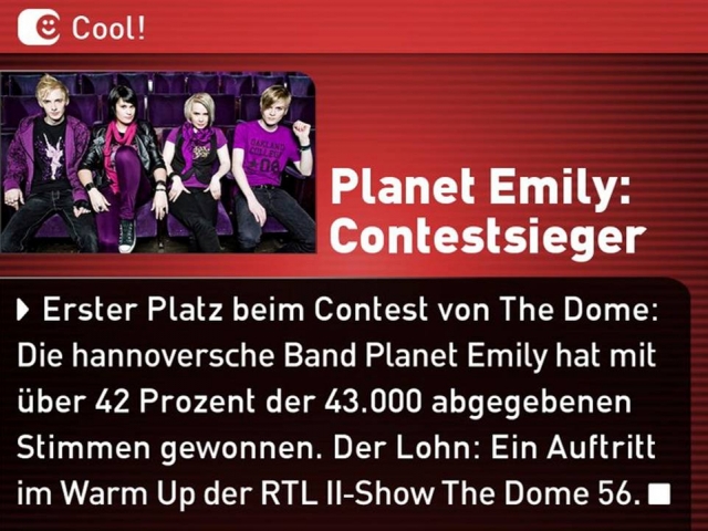 Planet Emily gewinnen Bandcontest bei THE DOME: Auftritt im ISS Dom Düsseldorf vor 10.000 Fans Planet Emily gewinnen Bandcontest bei THE DOME: Auftritt im ISS Dom Düsseldorf vor 10.000 Fans