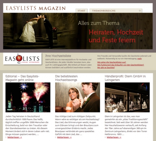 Das Easylists-Magazin - ein neues Hochzeitsmagazin im Internet Das Easylists-Magazin - ein neues Hochzeitsmagazin im Internet
