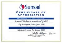 Auszeichnung der SCANSAIL YACHTS International GmbH als „Top European Sales Agent 2007“ Auszeichnung der SCANSAIL YACHTS International GmbH als „Top European Sales Agent 2007“