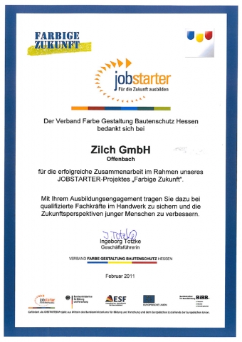 Auszeichnung  für hervorragendes Ausbildungsengagement    Urkunde für die Zilch Malermeister GmbH in
