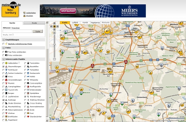 Verkehrsmeldungen und Wanderrouten erweitern POI-Sammlung in den Stadtplänen von meinestadt.de Verkehrsmeldungen und Wanderrouten erweitern POI-Sammlung in den Stadtplänen von meinestadt.de