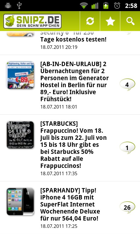 snipz.de-App: Schnäppchen-Übersicht snipz.de-App: Schnäppchen-Übersicht