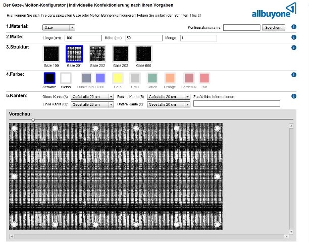 Der Gaze-Konfigurator auf www.allbuyone.com Der Gaze-Konfigurator auf www.allbuyone.com