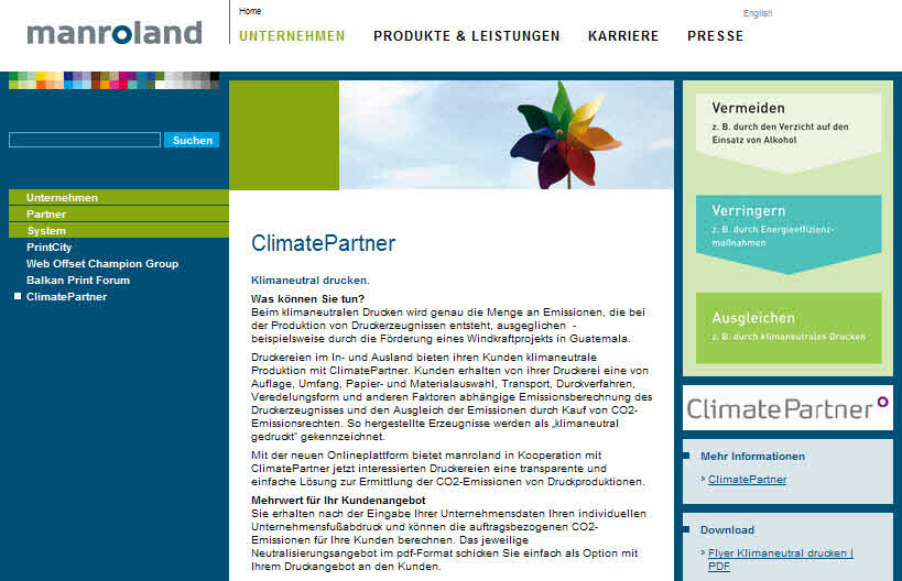 Unter http://www.klimaneutraldrucken.de/manroland lassen sich Druckaufträge berechnen & kompensieren Unter http://www.klimaneutraldrucken.de/manroland lassen sich Druckaufträge berechnen & kompensieren