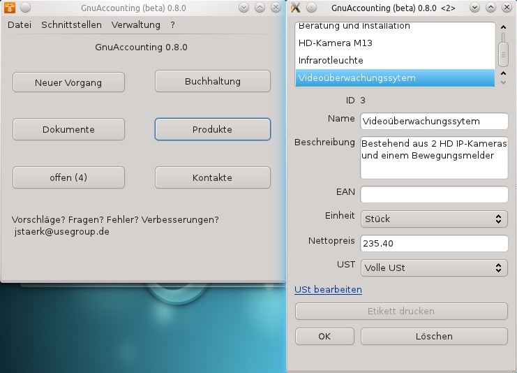 Die Artikelbearbeitung von Gnuaccounting 0.8.0 mit den neuen Attributen Beschreibung und Einheit Die Artikelbearbeitung von Gnuaccounting 0.8.0 mit den neuen Attributen Beschreibung und Einheit