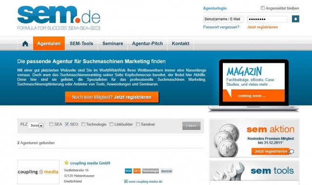 www.SEM.de - das neue Branchenportal für die bequeme Suche nach der optimalen SEM-Agentur www.SEM.de - das neue Branchenportal für die bequeme Suche nach der optimalen SEM-Agentur