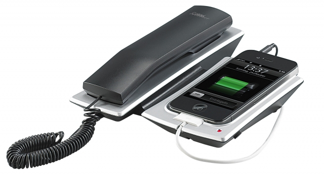 Callstel Phone-Ständer mit Telefonhörer für iPhone, schwarz-silber Callstel Phone-Ständer mit Telefonhörer für iPhone, schwarz-silber