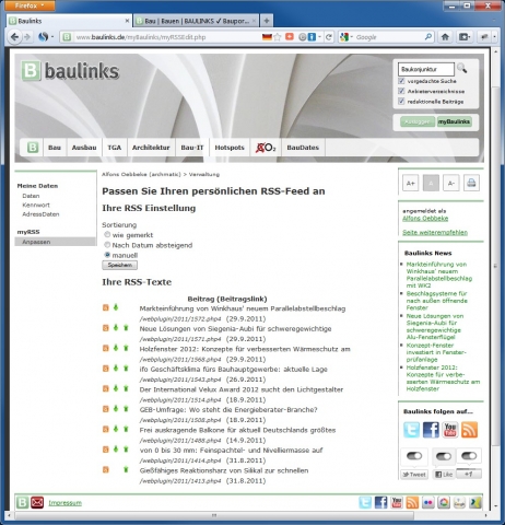 Unter dem Menüpunkt?MyBaulinks? kann der persönliche RSS-Feed editiert werden. Unter dem Menüpunkt?MyBaulinks? kann der persönliche RSS-Feed editiert werden.