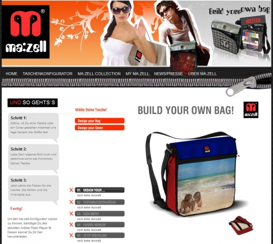 Screenshot des ma:zell-Taschenkonfigurators Screenshot des ma:zell-Taschenkonfigurators