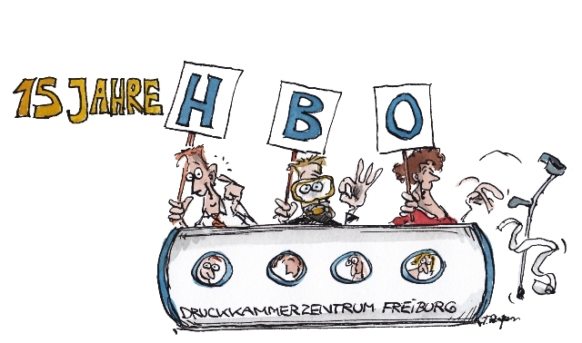 15 Jahre HBO in Freiburg: Neue Chancen auf Gesundheit. Cartoon: Plaßmann 15 Jahre HBO in Freiburg: Neue Chancen auf Gesundheit. Cartoon: Plaßmann
