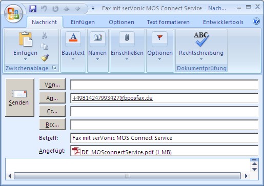 Mit dem serVonic MOS Connect Service kann der Benutzer ein Fax direkt aus dem Posteingang versenden Mit dem serVonic MOS Connect Service kann der Benutzer ein Fax direkt aus dem Posteingang versenden