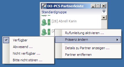 Der Benutzer kann in der neuen IXI-PCS Partnerleiste per Mausklick seinen Präsenzstatus auswählen Der Benutzer kann in der neuen IXI-PCS Partnerleiste per Mausklick seinen Präsenzstatus auswählen