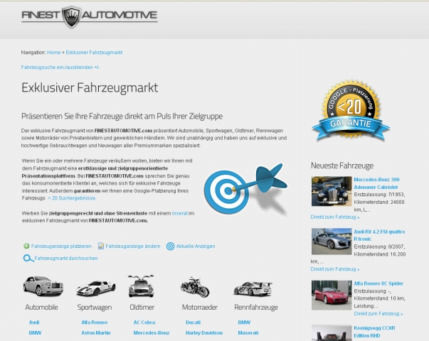 Der exklusive Fahrzeugmarkt von FINESTAUTOMOTIVE.com garantiert Top-Platzierungen bei vielen Suchmas Der exklusive Fahrzeugmarkt von FINESTAUTOMOTIVE.com garantiert Top-Platzierungen bei vielen Suchmas