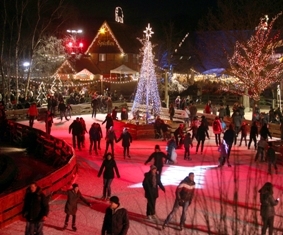 Blick auf die festlich beleuchtete Winter-Zoo-Eislaufbahn auf Meyers Hof Blick auf die festlich beleuchtete Winter-Zoo-Eislaufbahn auf Meyers Hof