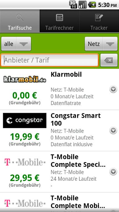 Tarife werden direkt untereinander angezeigt.